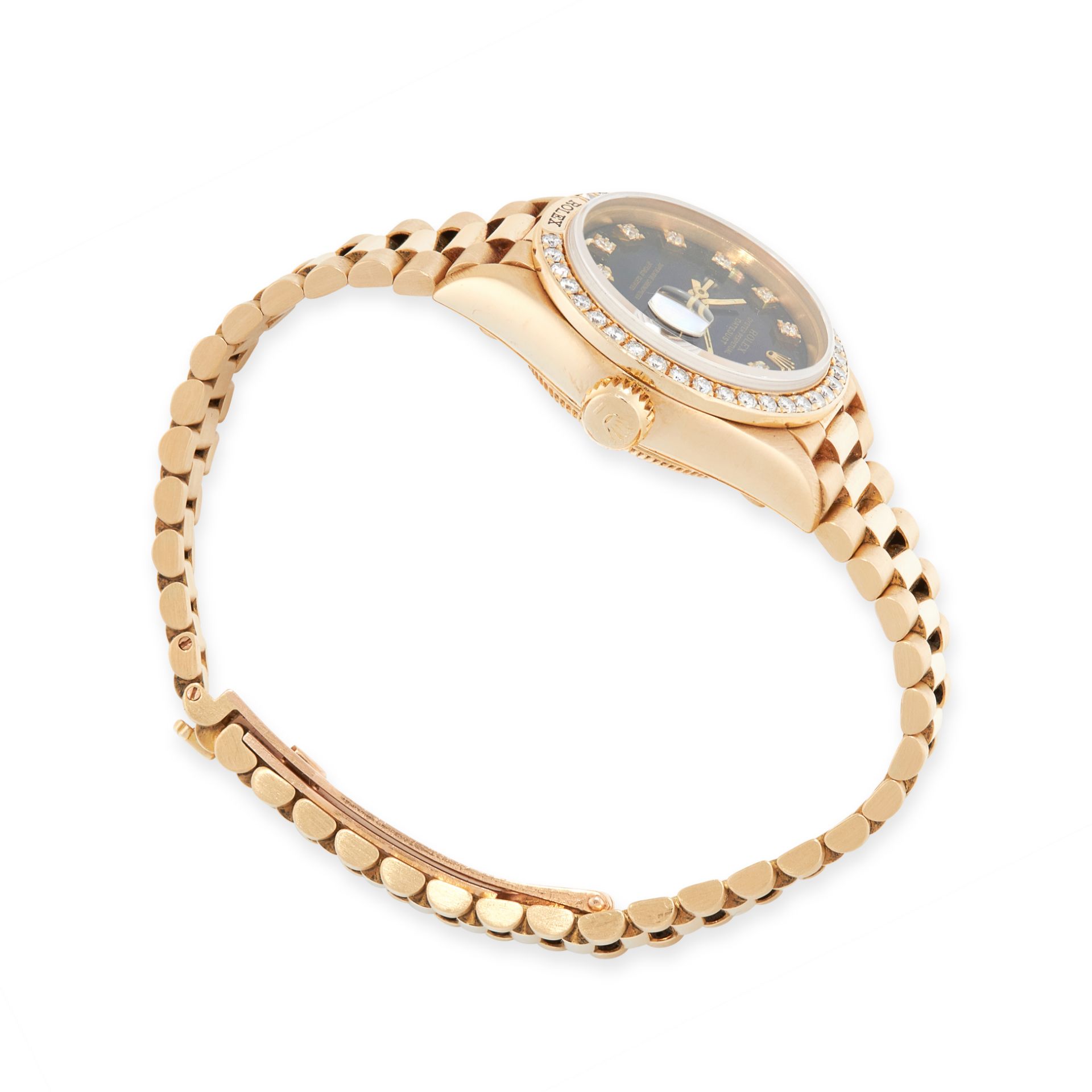 A LADIES OYSTER PERPETUAL DATEJUST DIAMOND WRIST WATCH, ROLEX in 18ct yellow gold, the circular face - Image 3 of 3