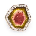 A VINTAGE WATERMELON TOURMALINE AND DIAMOND RING, ANDREW GRIMA 1990 in 18ct yellow gold, set with