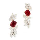 A PAIR OF BURMA NO HEAT RUBY AND DIAMOND EARRINGS in 18ct white gold and yellow gold, each set