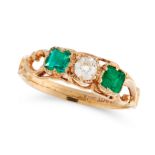 AN ANTIQUE DIAMOND AND EMERALD DRESS RING in 18ct yellow gold, set with an old cut diamond between