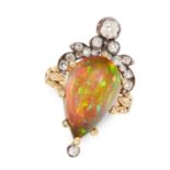 A BLACK OPAL AND DIAMOND DRESS RING in high carat yellow gold and silver, set with a pear shaped