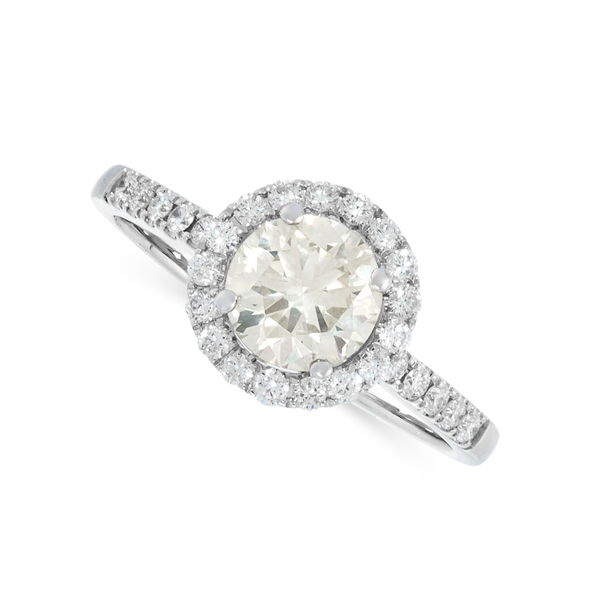 A SOLITAIRE DIAMOND ENGAGEMENT RING in 18ct white gold, set with a central round cut diamond of 1.02