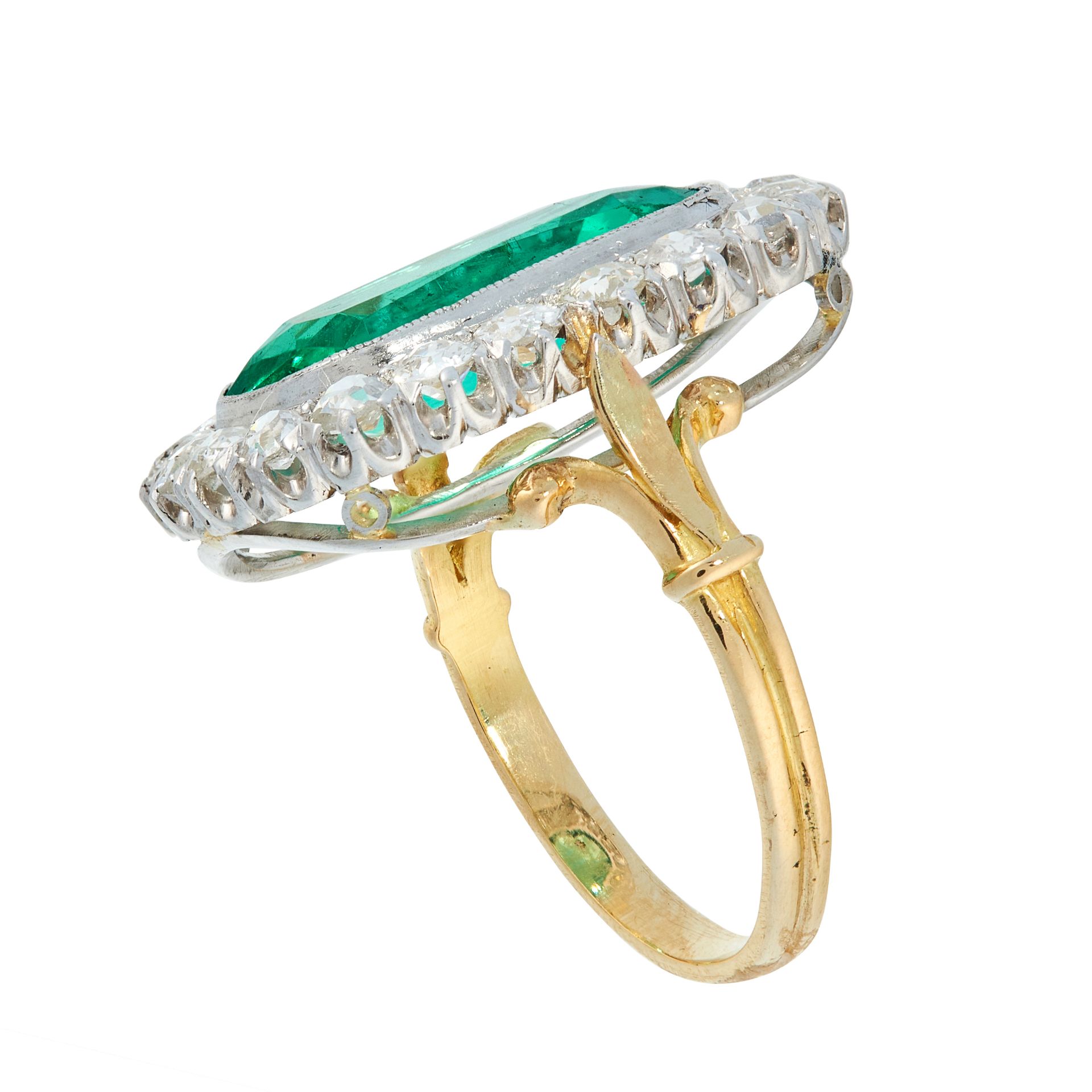 A FINE COLOMBIAN EMERALD AND DIAMOND DRESS RING in high carat yellow gold, set with a cushion cut - Image 3 of 3