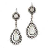 A PAIR OF ANTIQUE DIAMOND DROP EARRINGS, 19TH CENTURY in yellow gold and silver, each set with a