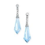 A PAIR OF ART DECO AQUAMARINE AND DIAMOND EARRINGS each set with a tapering fancy shaped step cut