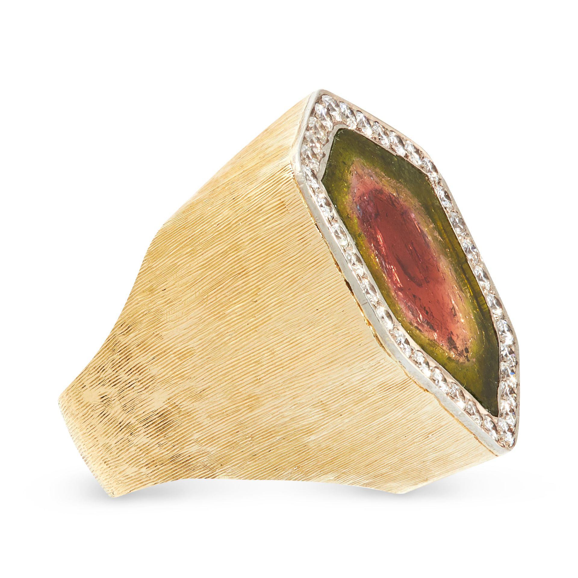 A VINTAGE WATERMELON TOURMALINE AND DIAMOND RING, ANDREW GRIMA 1990 in 18ct yellow gold, set with - Bild 2 aus 2