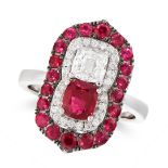 A BURMA NO HEAT RUBY AND DIAMOND DRESS RING in 18ct white gold, set with a cushion cut ruby of 1.