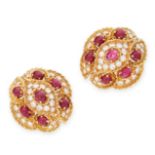 A PAIR OF VINTAGE RUBY AND DIAMOND CLIP EARRINGS, CARTIER in 18ct yellow gold set with oval cabochon