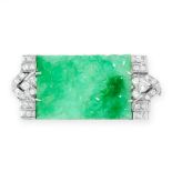 AN ART DECO NATURAL JADEITE JADE AND DIAMOND BROOCH, EARLY 20TH CENTURY set with a rectangular piece