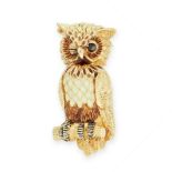 A VINTAGE JEWELLED ENAMEL OWL BROOCH, TIFFANY & CO in 18ct yellow gold, designed as an owl, its body