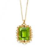 A FINE PERIDOT AND PEARL PENDANT AND CHAIN in high carat yellow gold, set with a rectangular step