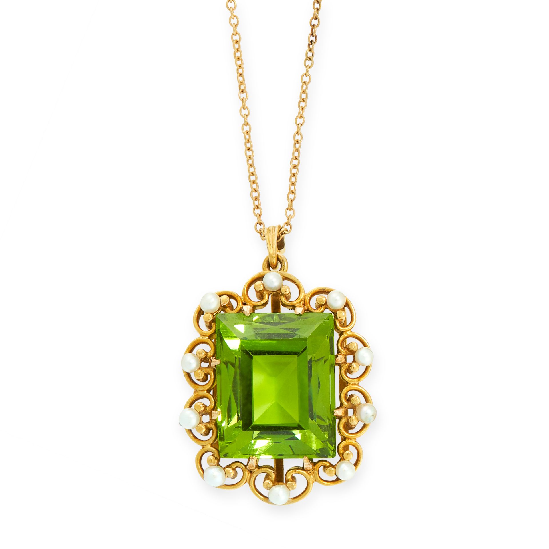 A FINE PERIDOT AND PEARL PENDANT AND CHAIN in high carat yellow gold, set with a rectangular step