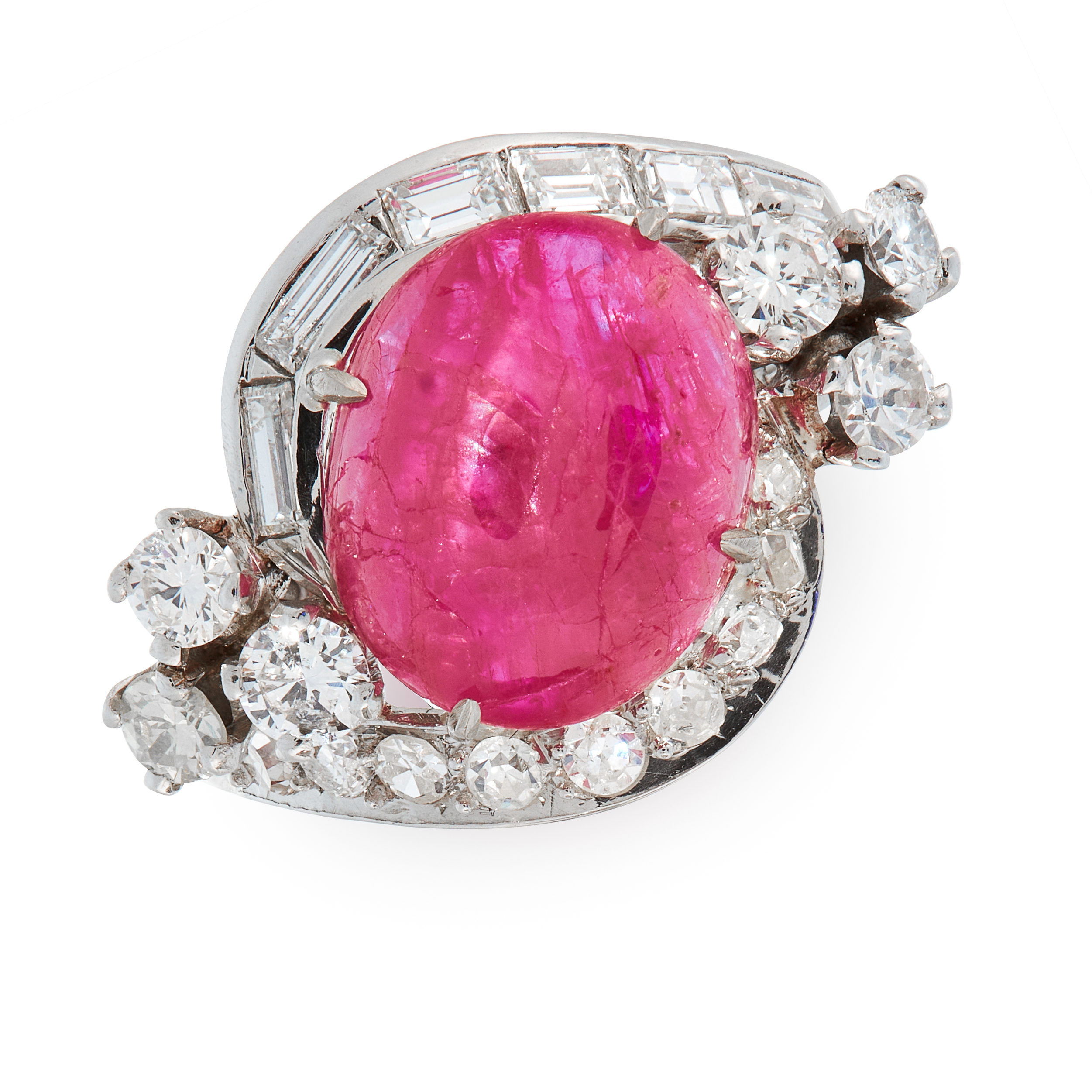 A BURMA NO HEAT STAR RUBY AND DIAMOND DRESS RING set with an oval cabochon star ruby of 5.26 carats,