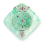 AN ART DECO JADEITE JADE, RUBY AND DIAMOND PILL BOX, ATTR EUGENE BAKO CIRCA 1920 in platinum, the