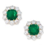 A FINE PAIR OF COLOMBIAN EMERALD AND DIAMOND CLIP EARRINGS in 18ct yellow gold, each set with an