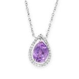 AN AMETHYST AND DIAMOND PENDANT NECKLACE in platinum, set with a pear cut amethyst within a border