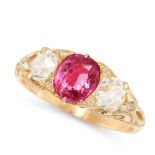 AN ANTIQUE UNHEATED RUBY AND DIAMOND DRESS RING in high carat yellow gold, set with a cushion cut