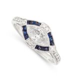 A DIAMOND AND SAPPHIRE RING in platinum, set with a marquise cut diamond within a border of French