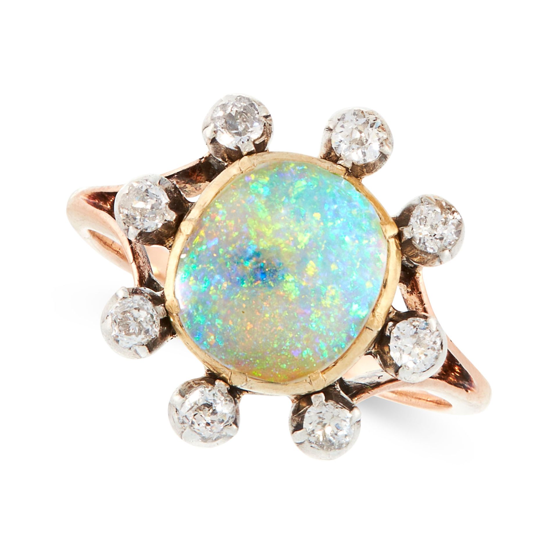 AN OPAL AND DIAMOND RING in yellow gold and silver, set with a cushion shaped cabochon opal of 1.