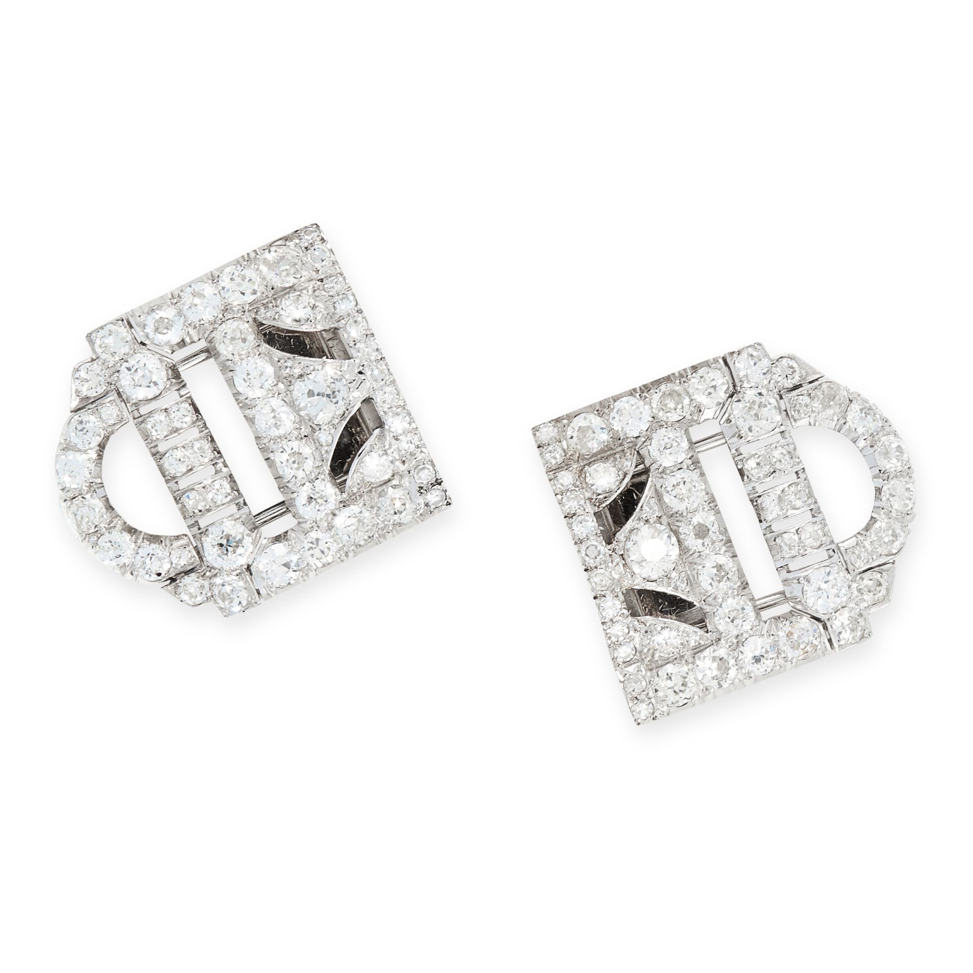 A PAIR OF ART DECO DIAMOND CLIP BROOCHES in shield design, set with old and single cut diamonds, all