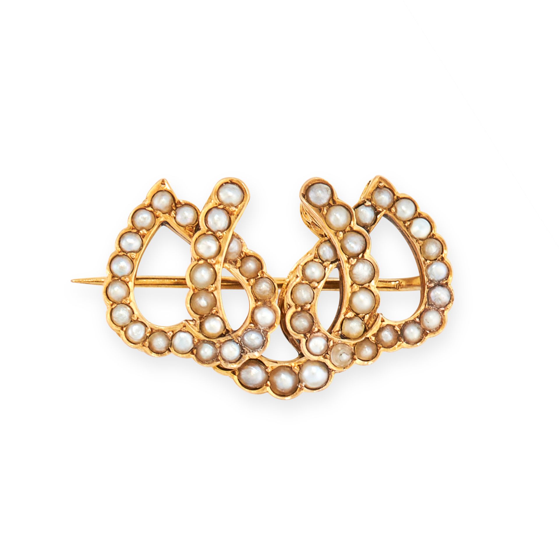 AN ANTIQUE PEARL BROOCH, 19TH CENTURY in yellow gold, designed as three interlocking horseshoes