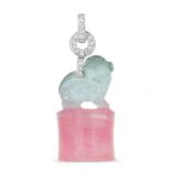 A CHINESE CARVED WATERMELON TOURMALINE AND DIAMOND PENDANT in platinum, the bale is set with round