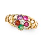 AN ANTIQUE JEWELLED REGARD RING, 19TH CENTURY in yellow gold, set with round cut ruby, emerald,
