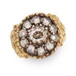 AN ANTIQUE DIAMOND CLUSTER RING in yellow gold and silver, set with a central old cut diamond of 0.