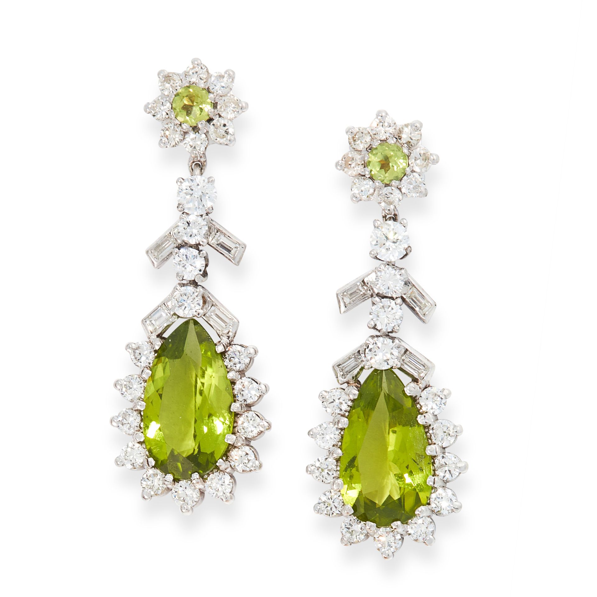 A PAIR OF PERIDOT AND DIAMOND EARRINGS in 18ct white gold, each set with a pear cut peridot