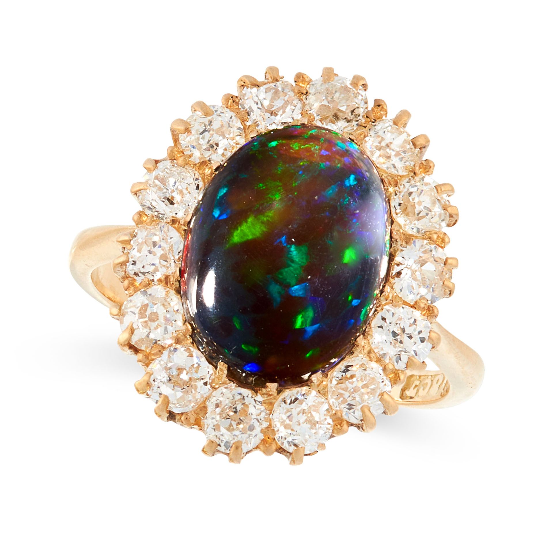 A BLACK OPAL AND DIAMOND CLUSTER RING in 18ct yellow gold, set with an oval cabochon black opal of