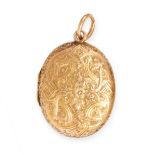 AN ANTIQUE MOURNING LOCKET, 19TH CENTURY in yellow gold, of oval design, with engraved floral