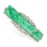 AN ART DECO NATURAL JADEITE JADE AND DIAMOND BROOCH, CIRCA 1930 set with a piece of jadeite jade,