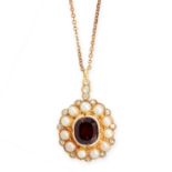 AN ANTIQUE GARNET, PEARL AND DIAMOND PENDANT AND CHAIN, 19TH CENTURY in yellow gold, set with a