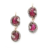 A PAIR OF ANTIQUE RUBY AND DIAMOND SNAKE EARRINGS in yellow gold and silver, each set with two