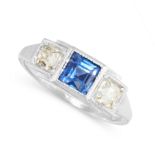 A SAPPHIRE AND DIAMOND RING in 14ct white gold, set with a step cut sapphire between two step cut