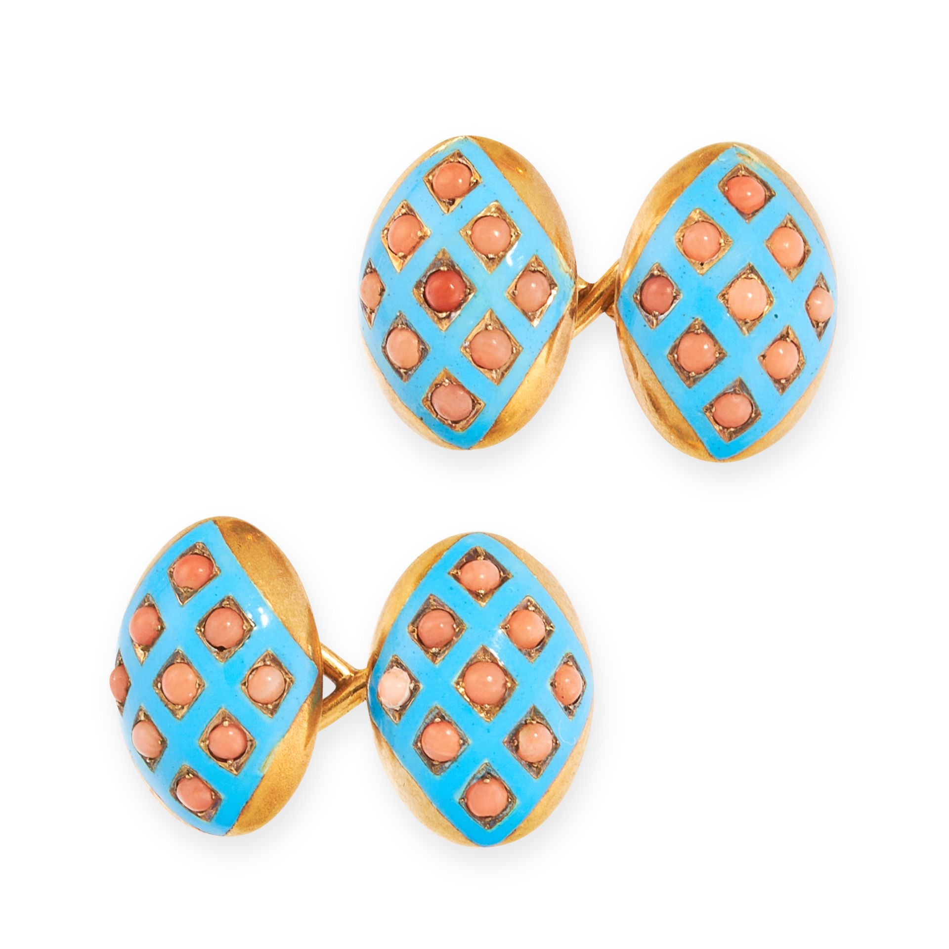 A PAIR OF ANTIQUE ENAMEL AND CORAL CUFFLINKS in yellow gold, the oval links are set with coral