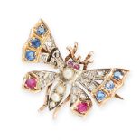 AN ANTIQUE JEWELLED BUTTERFLY BROOCH in yellow gold and silver, set with old cut diamonds, cushion