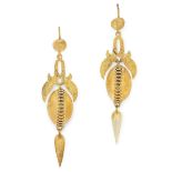 A PAIR OF ANTIQUE DROP EARRINGS, 19TH CENTURY in yellow gold, the ovoid bodies with lacework