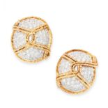 A PAIR OF DIAMOND EARRINGS, 1960s in 18ct yellow gold and platinum, in oval design, set with twisted