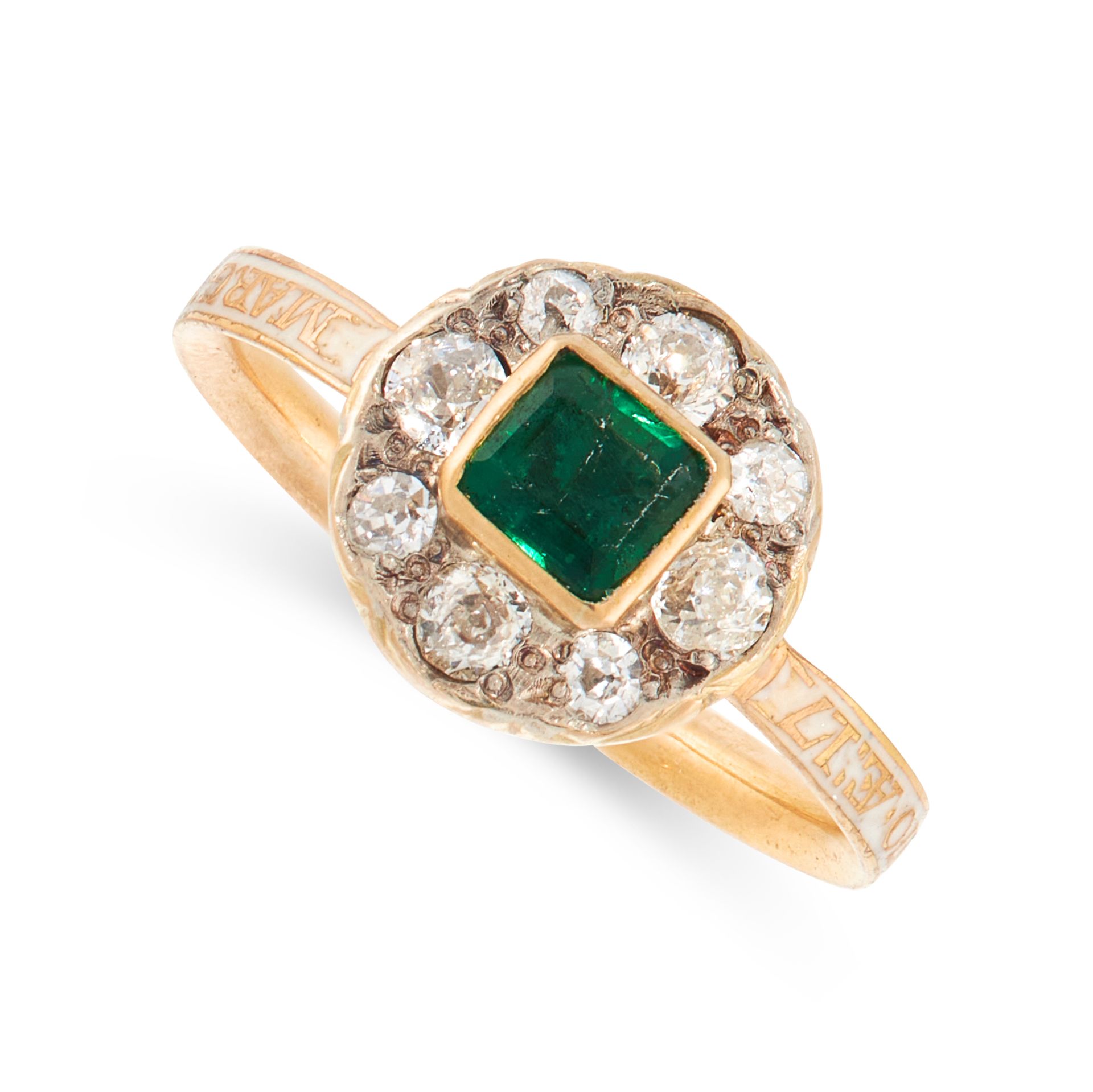 AN ANTIQUE EMERALD, DIAMOND AND ENAMEL MOURNING RING, CIRCA 1770 in high carat yellow gold, set with