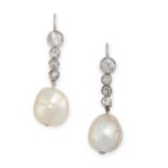 A PAIR OF ART DECO NATURAL PEARL AND DIAMOND EARRINGS each set with a natural pearl of 11.4mm and