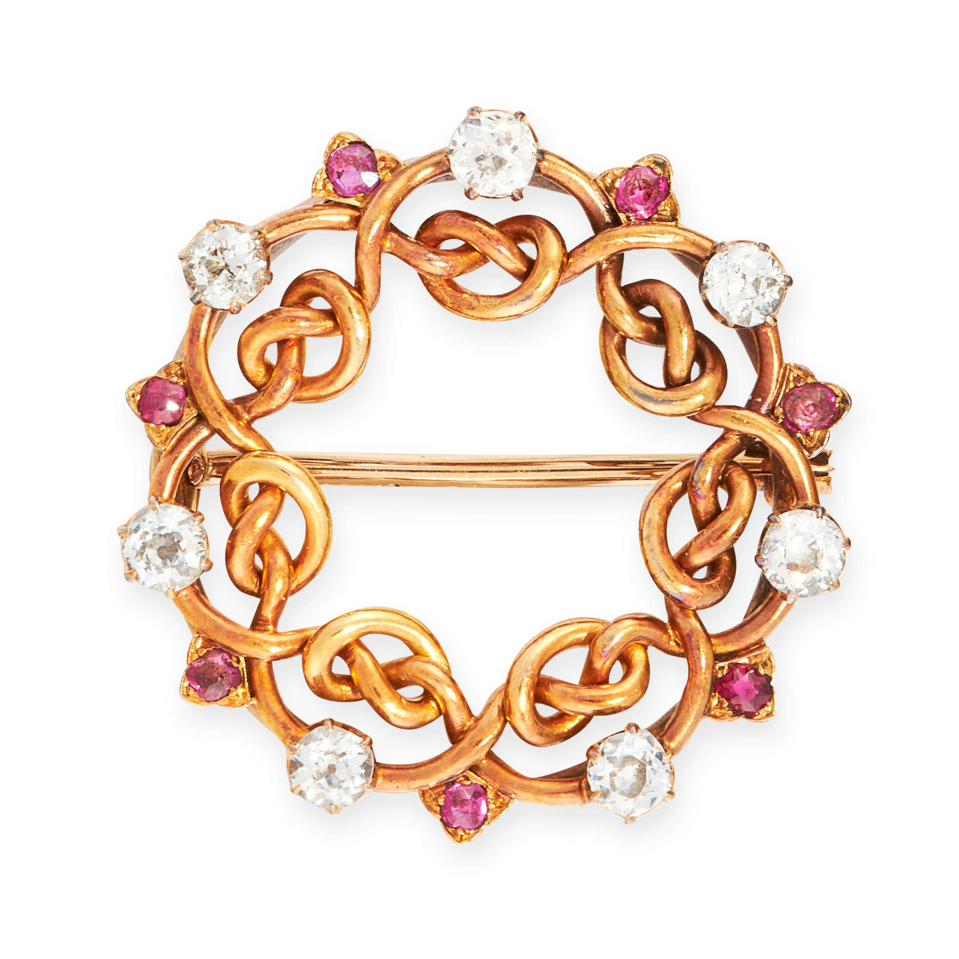 AN ANTIQUE RUBY AND DIAMOND BROOCH, RUSSIAN in yellow gold, in circular design, set with alternating