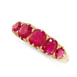 AN ANTIQUE BURMA NO HEAT RUBY FIVE STONE RING in 18ct yellow gold, set with five graduated cushion