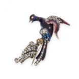AN ANTIQUE ENAMEL AND DIAMOND BIRD BROOCH, 19th CENTURY in silver and yellow gold, designed as a