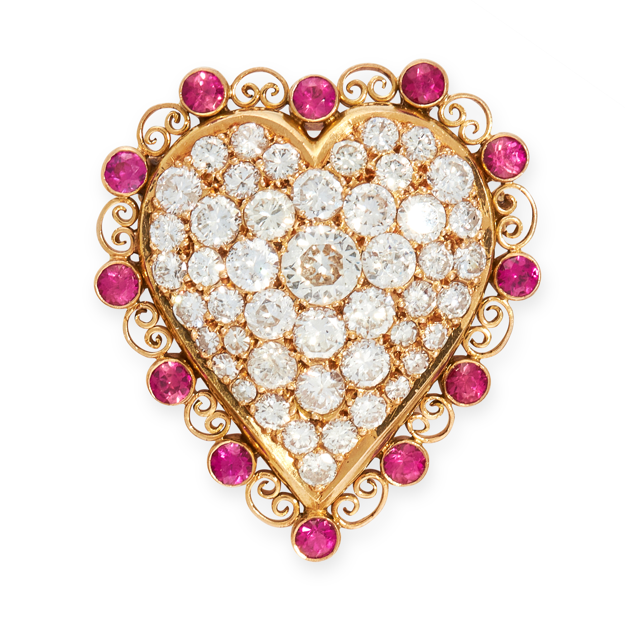 A DIAMOND AND RUBY HEART PENDANT in high carat yellow gold, in the shape of a heart, set with