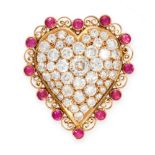 A DIAMOND AND RUBY HEART PENDANT in high carat yellow gold, in the shape of a heart, set with