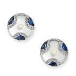 A PAIR OF SAPPHIRE, MOTHER OF PEARL, DIAMOND AND PEARL EARRINGS in circular design, set with a