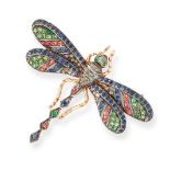 A GEMSET DRAGONFLY BROOCH in 14ct yellow gold, set with round cut diamonds, sapphires, green garnets