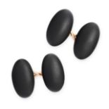 A PAIR OF ANTIQUE BLACK ENAMEL CUFFLINKS in oval design, each link is set with matte black enamel,