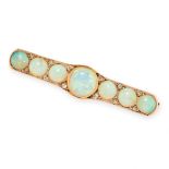 AN ANTIQUE OPAL AND DIAMOND BAR BROOCH, 19TH CENTURY in yellow gold, set with seven round cabochon